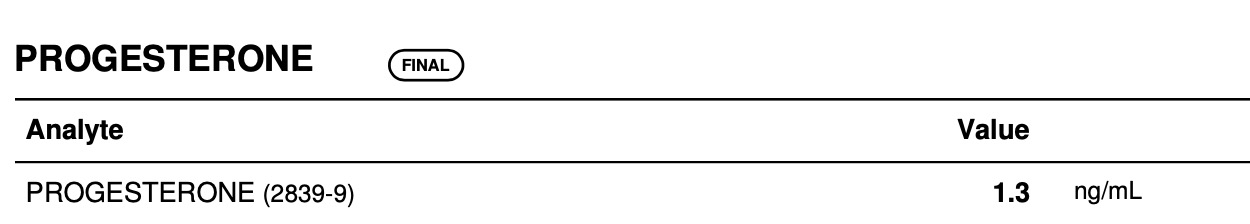 Original progesterone laboratory screenshot showing 1.3 ng/mL