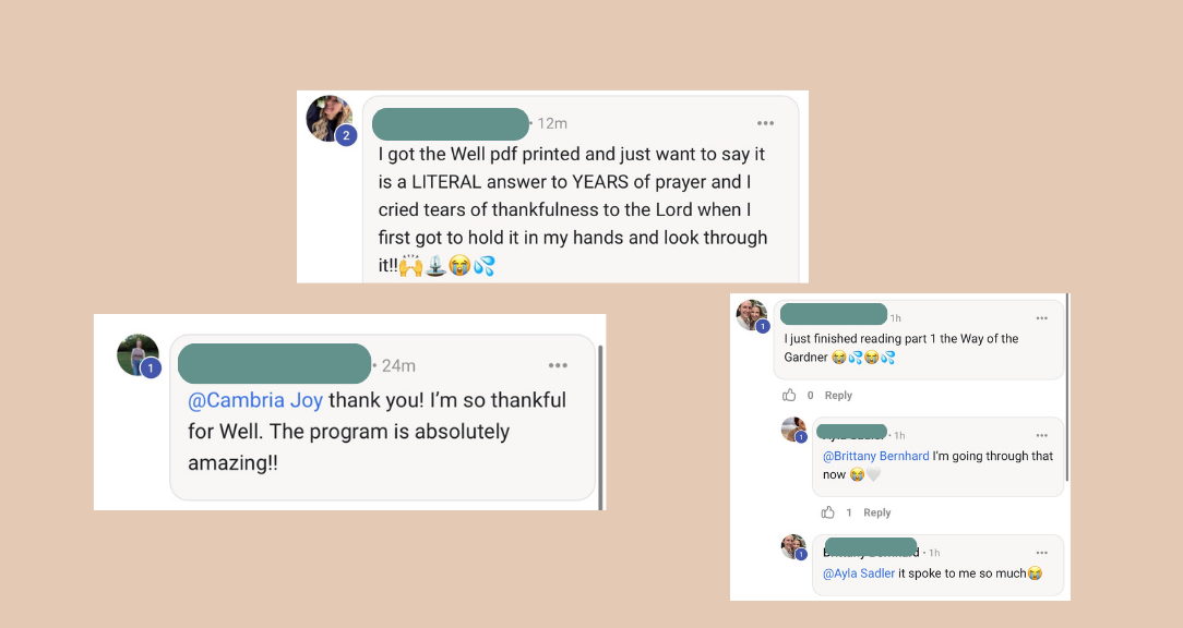 Real messages from WELL members expressing gratitude for the program and workbook